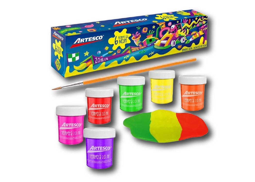 TEMPERA DE 6 COLORES NEON/FLUORESCENTE CON PINCEL 20ML